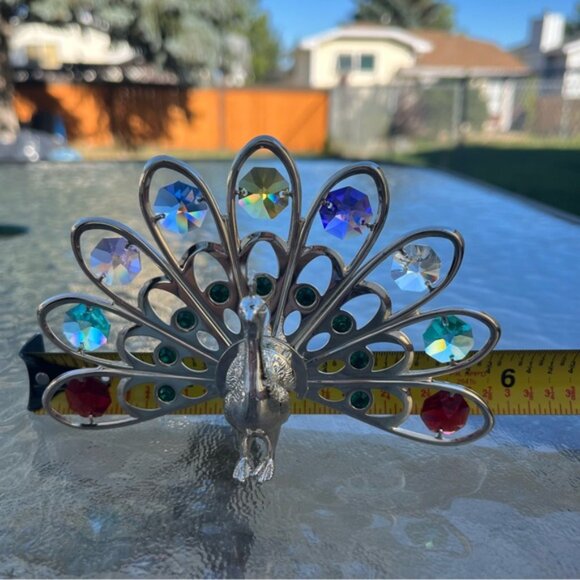 Silver Plated Peacock Figurine With Multicolored Swarovski Crystals Ornament - Picture 10 of 10